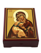 Load image into Gallery viewer, Virgin of Vladimir Icon Box Wooden Rosary Prayer Beads Keepsake Box Religious Christian - Lined With Velvet - High Quality - Religious Gift Idea  5 1/16"
