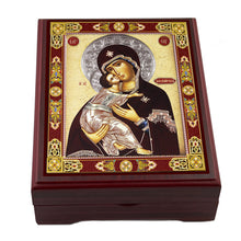 Load image into Gallery viewer, Virgin of Vladimir Wooden Icon Box - Keepsake Box For Prayer Beads,  Rosary, Jewelry - Lined With Velvet - High Quality - Religious Gift Idea  5 1/16"
