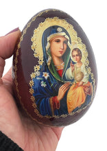 Load image into Gallery viewer, Eternal Bloom  Virgin Mary &amp; Christ Wooden Russian Icon Egg With Gold Metal Stand 6" - Gold Foil Icon
