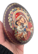 Load image into Gallery viewer, Icon of the Mother of God of Zhirovits Virgin Mary and Christ  Wooden Russian Icon Egg With Gold Metal Stand 6" - Gold Foil Icon
