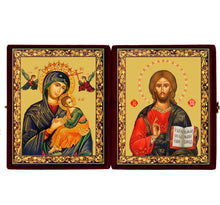 Load image into Gallery viewer, Perpetual Help and Christ The Teacher Diptych in Velvet Case 3 1/4" - Gold Foil Icons
