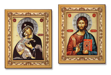 Load image into Gallery viewer, Matching Pair - Virgin of Vladimir &amp; Christ The Teacher Icon - Gold Wooden Framed  - Wall Hanging With Stand 7 3/4 Inch tall

