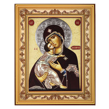 Load image into Gallery viewer, Matching Pair - Virgin of Vladimir &amp; Christ The Teacher Icon - Gold Wooden Framed  - Wall Hanging With Stand 7 3/4 Inch tall
