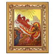 Load image into Gallery viewer, Prophet Elijah Icon With Chariot of Fire, Greek Orthodox Icon of Saint Elias, Byzantine Greek Icon - Gilded - Icon in Wooden Ornate Frame With Stand For Standing and Hook For Hanging on Wall 7 3/4"x6 1/4"
