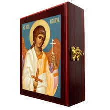 Load image into Gallery viewer, Guardian Angel Icon - Gold Foil Icon Framed in WALL Hanging Or TABLE  Box - Prayer Ropes, Beads, Jewelry Prayer Cards Anything Sacred - Catholic Icon 7 1/2 Inch
