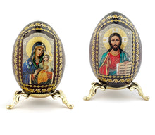 Load image into Gallery viewer, Pair, Virgin Mary Eternal Bloom and Christ Wood Icon Eggs on Gold Metal Stand - Set of 2
