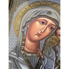 Load image into Gallery viewer, Set of 2 - Matching Icon Pair  Virgin of Kazan &amp; Christ The Teacher - Gold &amp; Silver Foiled Icon Covered With Glass - Gold Embossed Icon Gold and Silver Foiled - Wall Hanging - High Quality - 13"x9 1/4"
