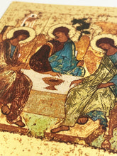 Load image into Gallery viewer, Holy Trinity Icon Silkscreen on Cotton Canvas - Gold Gilded Byzantine Greek Icon - in Wooden Frame Decorated With Crosses Comes With Stand For Standing and Hook For Hanging on Wall 7 1/4"x5 3/4"
