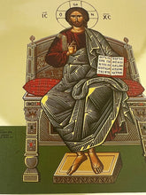 Load image into Gallery viewer, Christ Blessing, Enthroned - Gold Gilded Byzantine Greek Icon - in Wooden Frame Decorated With Crosses Comes With Stand For Standing and Hook For Hanging on Wall 7 1/4"x5 3/4"
