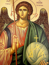 Load image into Gallery viewer, Archangel Μιchael - Gold Gilded Byzantine Greek Icon - in Wooden Frame Decorated With Crosses Comes With Stand For Standing and Hook For Hanging on Wall 7 1/4"x5 3/4"
