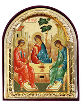 Load image into Gallery viewer, J-83  Holy Trinity Icon - Gold Foil - Arched Icon With It's Standing and Hole For Hanging 4 1/16 Inch
