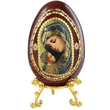 Load image into Gallery viewer, Madonna and Child  - Wooden Decoupage Gold Foil Icon Egg on Gold Tone Metal Egg Stand Holder 5 1/2 Inch
