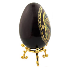 Load image into Gallery viewer, Madonna and Child  - Wooden Decoupage Gold Foil Icon Egg on Gold Tone Metal Egg Stand Holder 5 1/2 Inch

