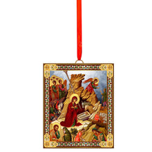 Load image into Gallery viewer, Nativity of Christ &amp; Perpetual Help Wooden Icon Christmas Ornaments - Gold Foiled  2 Sided - With Red Ribbon - Set of 2
