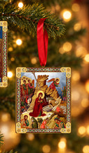 Load image into Gallery viewer, Nativity of Christ &amp; Perpetual Help Wooden Icon Christmas Ornaments - Gold Foiled  2 Sided - With Red Ribbon - Set of 2
