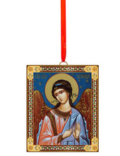 Load image into Gallery viewer, Nativity of Christ &amp; Guardian Angel Wooden Icon Christmas Ornaments - Gold Foiled  2 Sided - With Red Ribbon - Set of 2
