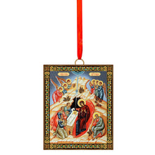 Load image into Gallery viewer, Nativity of Christ - Wooden Icon Ornaments - 2 Sided - With Red Ribbon - Gold Foil Icon Mounted on Wood - Set of 2
