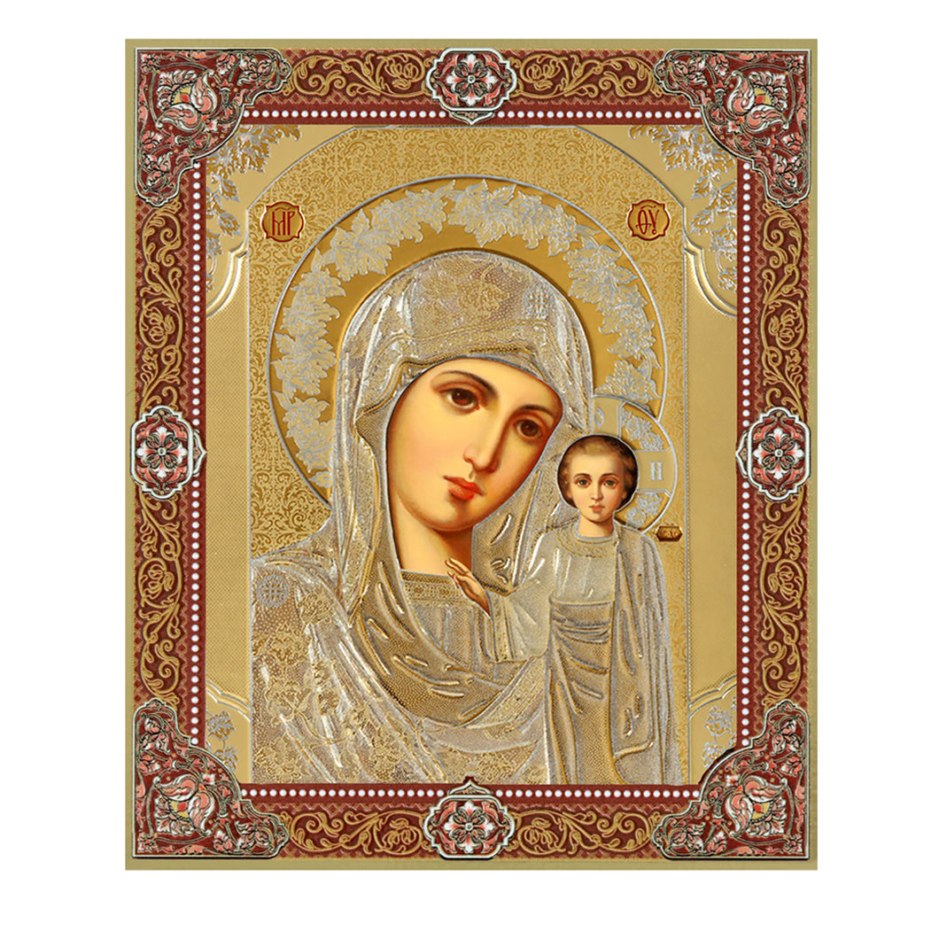 Gold Foil Wooden Icon Virgin of Kazan  7 1/2 inch