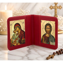 Load image into Gallery viewer, Sweet Kissing &amp; Christ the Teacher Greek Icon Diptych Byzantine Gold Foil Icons - Traveling Faith with Prayer in Leatherette Wallet Case
