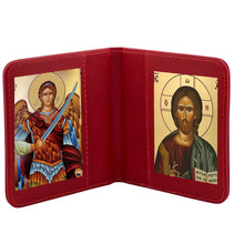 Load image into Gallery viewer, Saint Michael &amp; Christ the Teacher Greek Icon Diptych Byzantine Gold Foil Icons - Traveling Faith with Prayer in Leatherette Wallet Case
