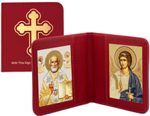 Load image into Gallery viewer, Traveling Icon Diptych - Book Saint Nicholas &amp; Guardian Angel - Traveling Faith - Leatherette Case 3 7/8" Gold Foiled Icons
