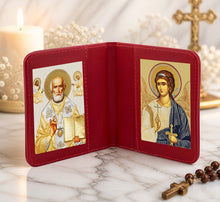 Load image into Gallery viewer, Traveling Icon Diptych - Book Saint Nicholas &amp; Guardian Angel - Traveling Faith - Leatherette Case 3 7/8" Gold Foiled Icons
