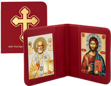Load image into Gallery viewer, Traveling Icon Diptych - Book Saint Nicholas &amp; Christ The Teacher - Traveling Faith - Leatherette Case 3 7/8" Gold Foiled Icons
