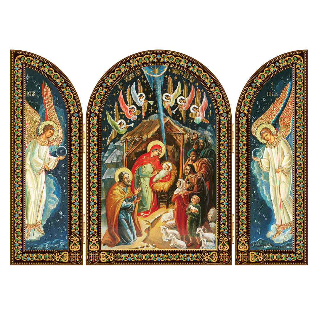 Nativity Icon Triptych With Archangels - Gold Foil