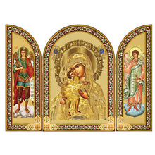 Load image into Gallery viewer, Virgin Mary Icon Triptych With Archangel Michael and Guardian Angel - Gold Foil
