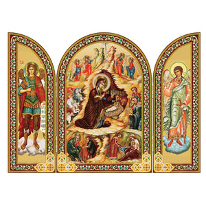 Nativity Icon Triptych With Archangel Michael and Guardian Angel - Gold Foil -