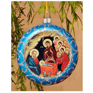 Traditional Byzantine Icon of the Nativity Ornament  4 3/4 Inch Blue