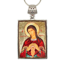Load image into Gallery viewer, Blessed Virgin Mary Lifegiving Religious Jewelry Silver Plated Necklace, Gold-Plated Wooden Cabochon
