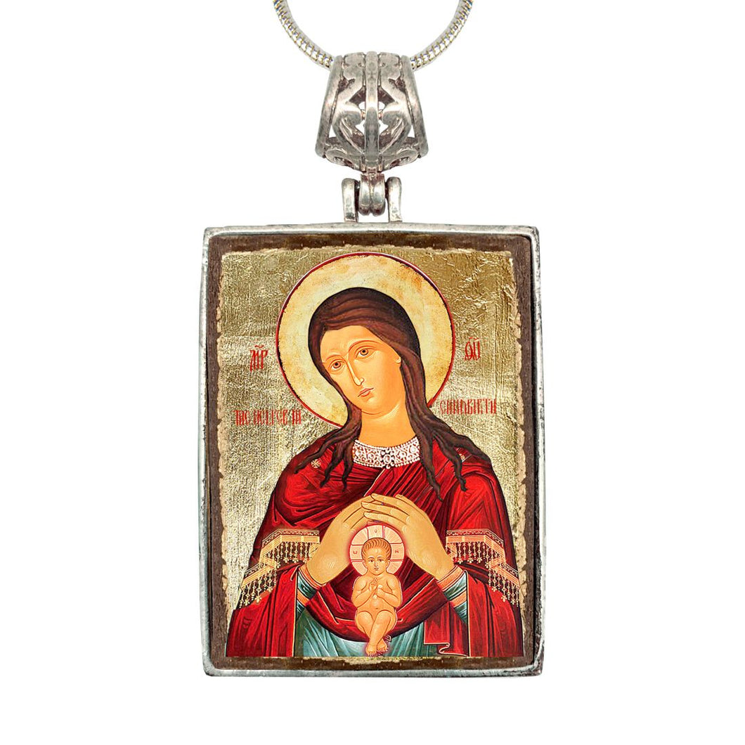 Blessed Virgin Mary Lifegiving Religious Jewelry Silver Plated Necklace, Gold-Plated Wooden Cabochon