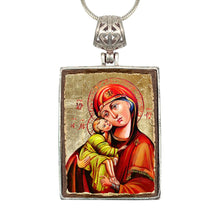 Load image into Gallery viewer, Virgin Mary Religious Jewelry Silver Plated Necklace, Gold-Plated Wooden Cabochon
