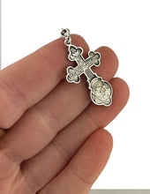 Load image into Gallery viewer, Crucifix Crucifixion Sterling Silver Cross Pendant  925  on The back "Save Us" in Slavonic and Icon of Virgin Mary -  Virgin of Kazan Christ -  1 3/4" Including bail
