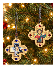 Load image into Gallery viewer, Virgin of Vladimir - Christ Blessings Wooden Icon Cross Ornaments - Pendants on Rope for Car Room Christmas Tree - 2 3/4"
