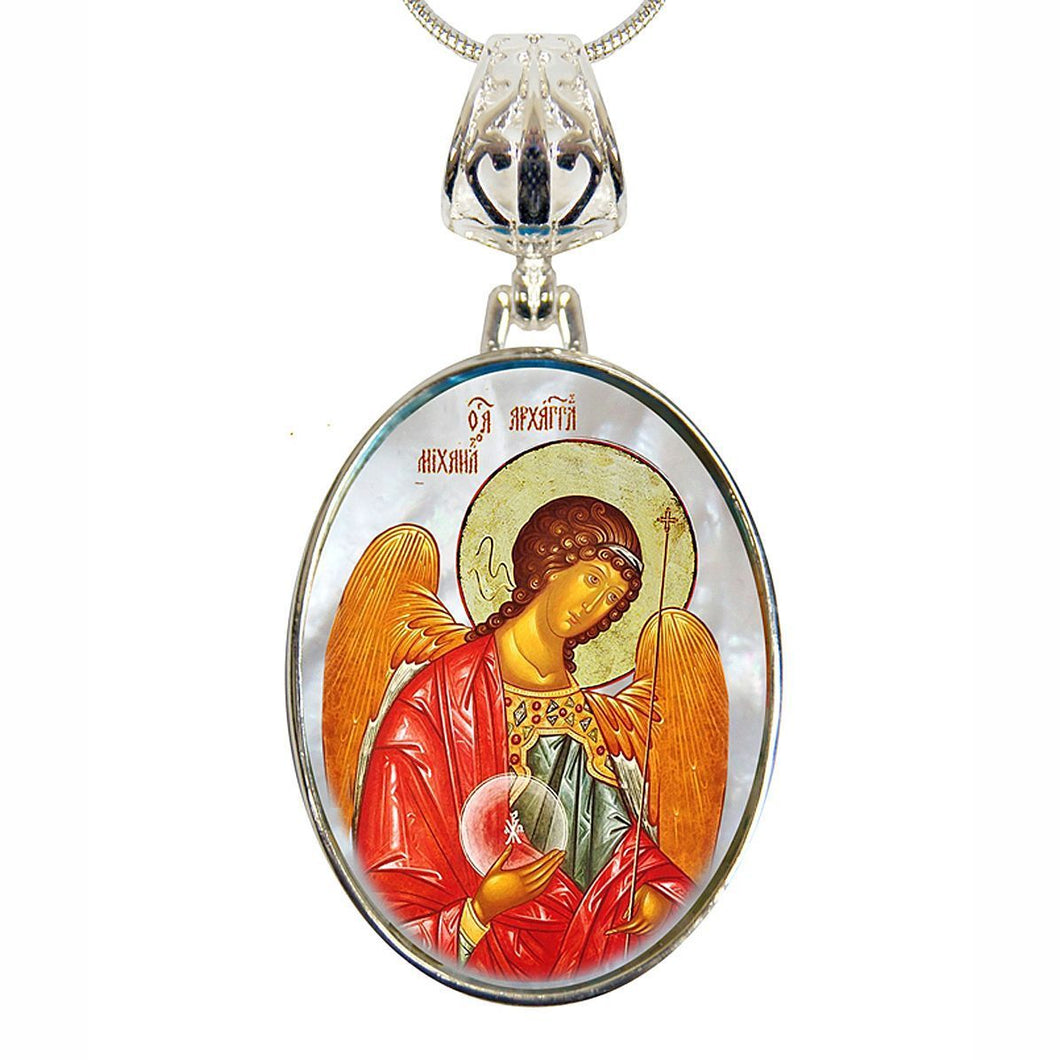 Saint Michael the Archangel Silver Plated Mother of Pearl Necklace