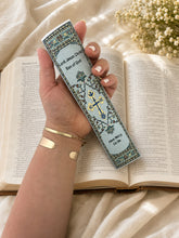 Load image into Gallery viewer, Jesus Prayer Bookmarkers Gold With Grey &amp; Blue - Three Bar Cross Dove - Textile Art 9 1/8"x2"
