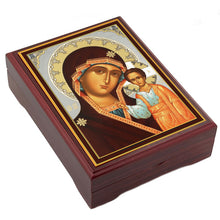 Load image into Gallery viewer, Virgin of Kazan Icon Box Wooden Rosary Prayer Beads Keepsake Box Religious Christian - Lined With Velvet - High Quality - Religious Gift Idea  5 1/16"

