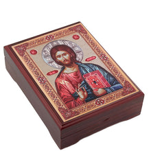 Load image into Gallery viewer, Christ The Teacher - Wooden Icon Box - Keepsake Box For Prayer Beads,  Rosary, Jewelry - Lined With Velvet - High Quality - Religious Gift Idea  5 1/16"
