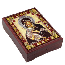 Load image into Gallery viewer, Virgin of Vladimir Wooden Icon Box - Keepsake Box For Prayer Beads,  Rosary, Jewelry - Lined With Velvet - High Quality - Religious Gift Idea  5 1/16"
