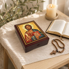 Load image into Gallery viewer, Christ The Teacher Byzantine Icon Box Wooden Rosary Prayer Beads Keepsake Box Religious Christian - Lined With Velvet - High Quality - Religious Gift Idea  5 1/16"
