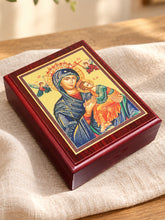 Load image into Gallery viewer, Perpetual Help Icon Box Wooden Rosary Prayer Beads Keepsake Box Religious Christian - Lined With Velvet - High Quality - Religious Gift Idea  5 1/16"
