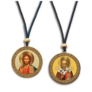 Christ Blessing and Saint Nicholas - Gold Foil Icon - Reversible Car Room Icon