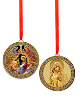 Load image into Gallery viewer, Nativity and Virgin Mary With Christ -  2 Sided Car Room Christmas Tree Pendant Ornament - Orthodox Catholic - Reversible Car Room Icon Ornament Pendant   - 2 Inch Diam on Red Ribbon
