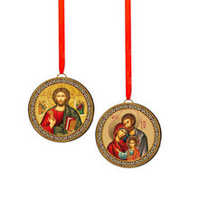 Load image into Gallery viewer, Holy Family - Christ Blessings  2 Sided  Christmas Ornament Tree Pendant - Orthodox Catholic - Reversible - 2 Inch Diam on Red Ribbon
