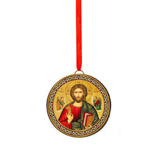 Load image into Gallery viewer, Holy Family - Christ Blessings  2 Sided  Christmas Ornament Tree Pendant - Orthodox Catholic - Reversible - 2 Inch Diam on Red Ribbon
