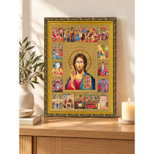 Load image into Gallery viewer, Set of 2 - Matching Icon Pair Feast Days -  Virgin of Kazan &amp; Christ The Teacher - Gold &amp; Silver Foiled Icon Covered With Glass - Gold Embossed Icon Gold and Silver Foiled - Wall Hanging - High Quality - 13"x9 1/4"
