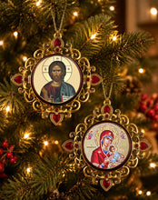 Load image into Gallery viewer, Christ The Teacher &amp; Perpetual Help - Set of 2 - Greek Gold Foiled Byzantine Christmas Icon Ornament and Room Decoration - Framed In Jeweled Frame, Decorated With Faux Crystals, 4 Inch
