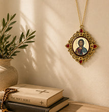 Load image into Gallery viewer, Christ The Teacher &amp; Perpetual Help - Set of 2 - Greek Gold Foiled Byzantine Christmas Icon Ornament and Room Decoration - Framed In Jeweled Frame, Decorated With Faux Crystals, 4 Inch
